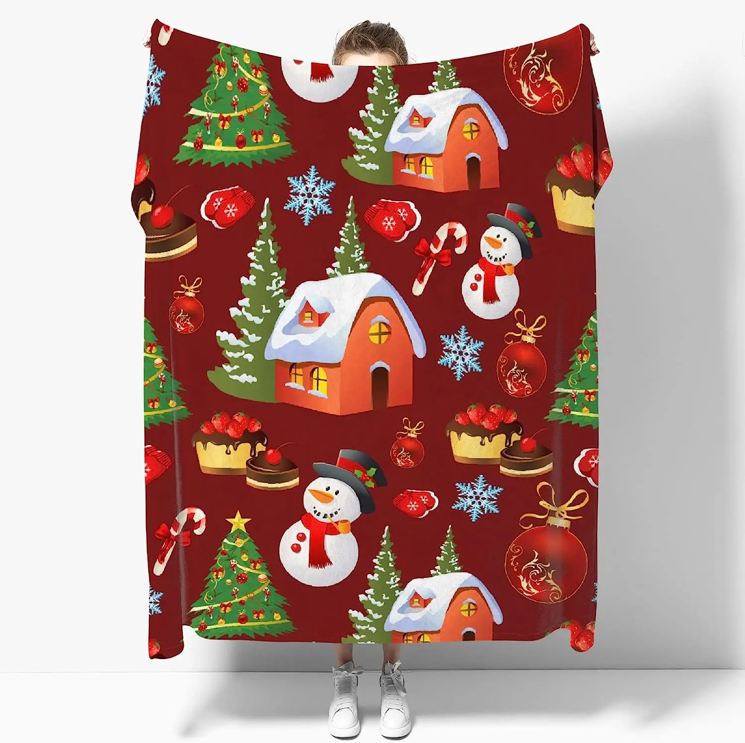 Merry Christmas Snowman Cake Tree Blanket Print Soft Lightweight Warm Cozy Plush for Bedroom Bedding Couch Novelty Gift