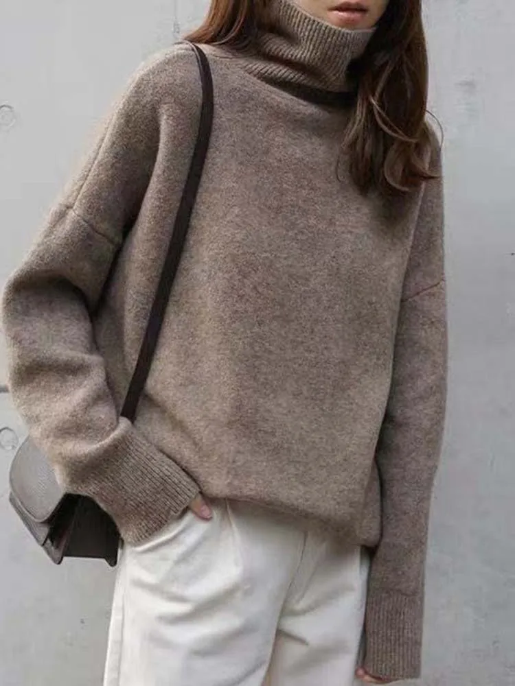 

Turtleneck Knitted Sweater Women Oversize Casual White Pullover Winter Warm Long Sleeve Knitwear Lady Elegant Solid Knit Jumper