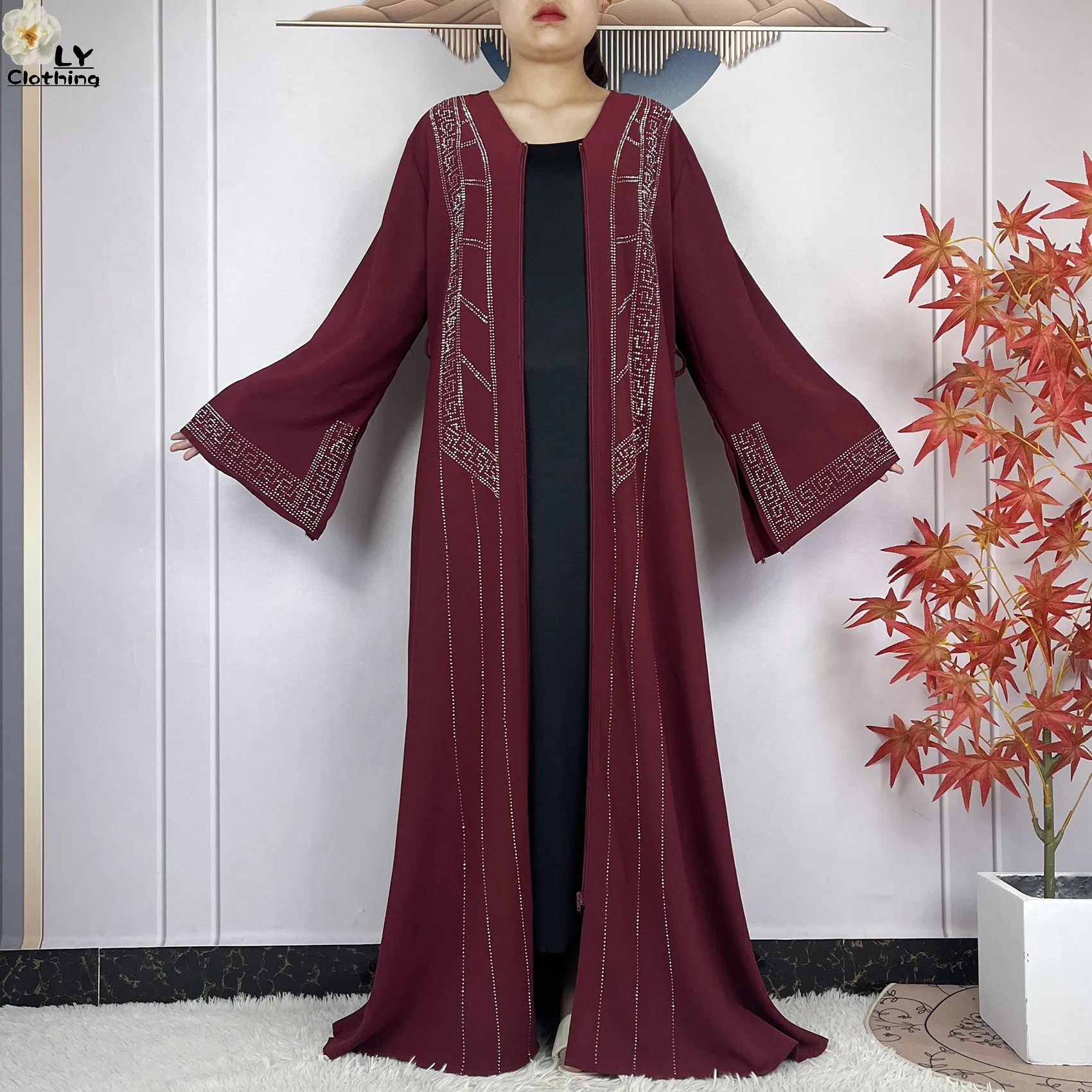 2024New Women Elegant Dress Dubai Abaya Long Sleeve Chiffon Islamic Clothing Muslim Women Robe Open African Abaya Casual Dress