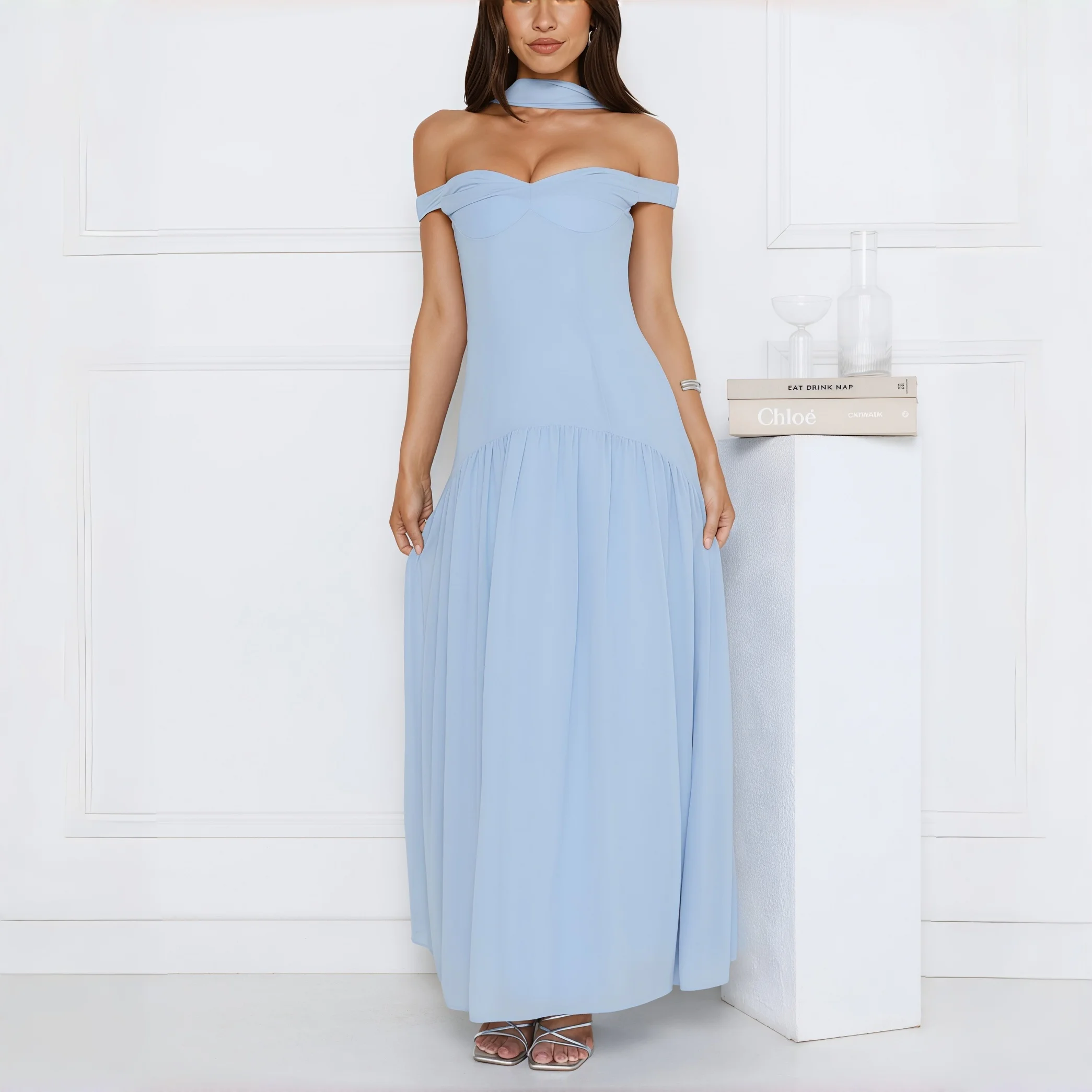 Light Blue Off-Shoulder Chiffon Maxi Dress Sweetheart Neck Draped Sash Formal Cocktail Party Bridesmaid Prom Evening Gown