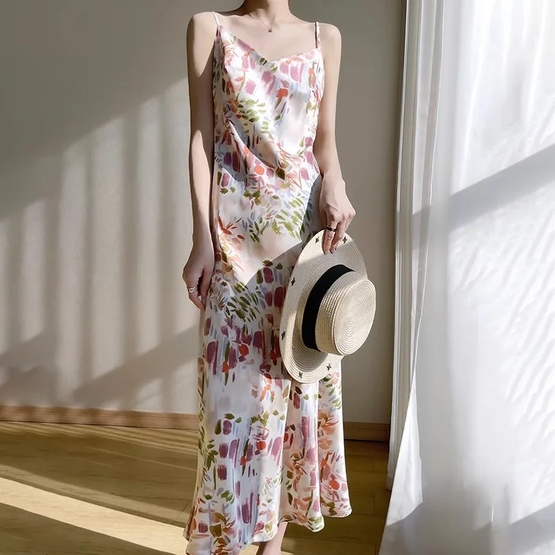 Nuevo Vestido largo de satén de seda de gama alta con estampado Floral V-Ne A-Line para mujer, vestido de tirantes adelgazante de verano