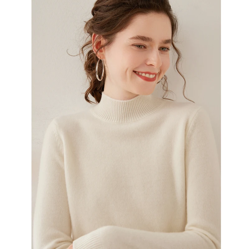 Women's AutumnWinter Long Sleeved Solid Color Pullover Basic Style Semi High Collar Pullover Jumper Cashmere Knitted Sweater Top