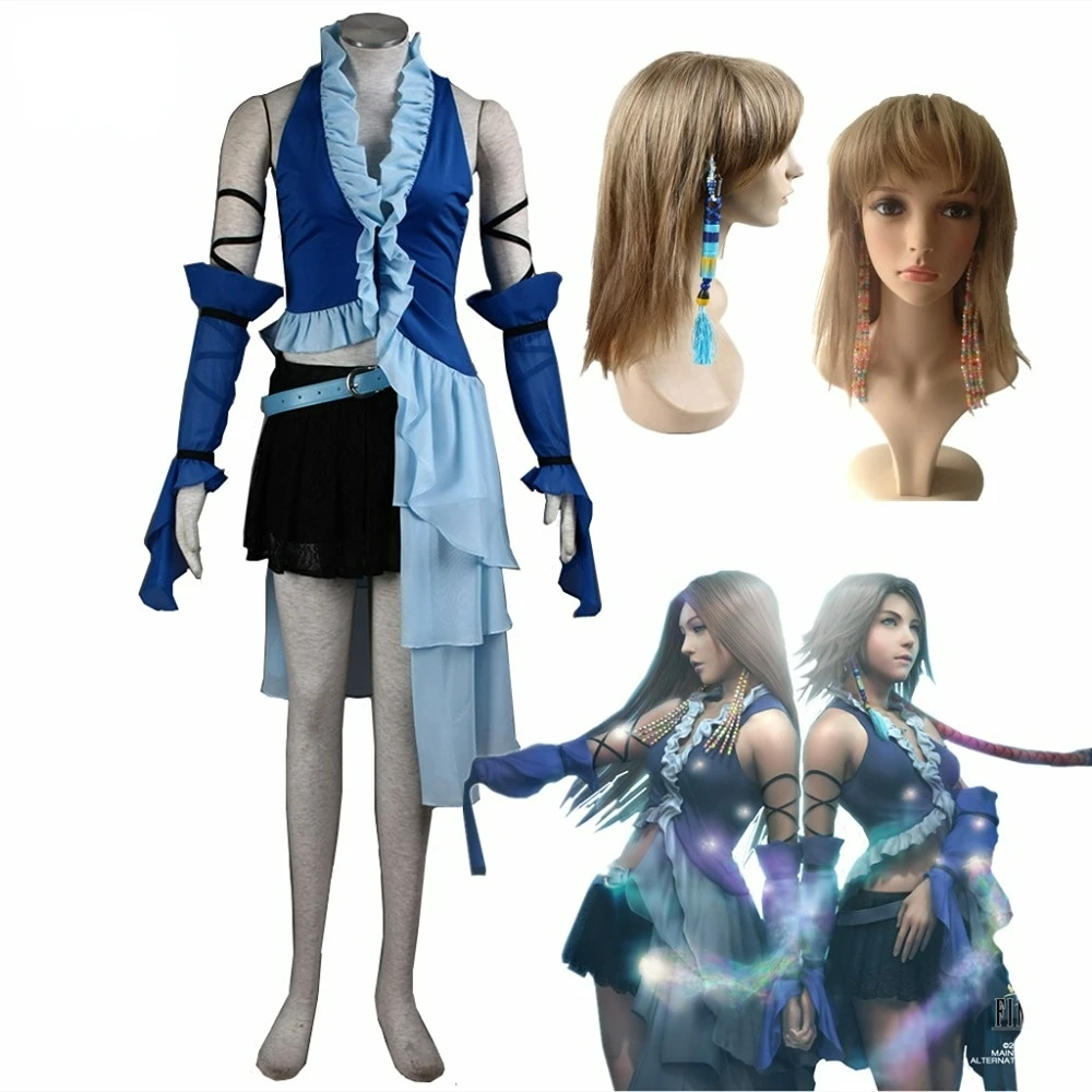 

Final Fantasy XII Cosplay Yuna Lenne Song Cosplay Costume and Earrings Set Halloween Blue Dress Custom Made