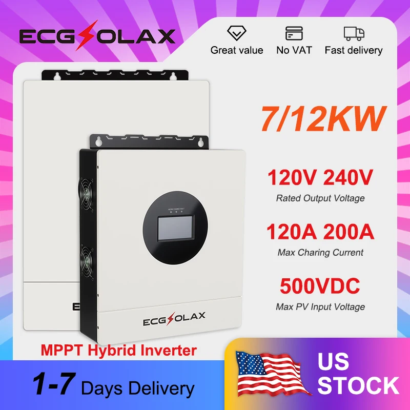 

ECGSOLAX 7/12KW Hybrid Solar Inverter 48V Off-Grid Solar Hybrid Inverter Built-in WiFi 120V240V US Standard Split-Phase Inverter