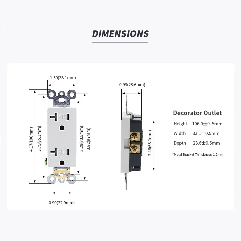 North American Series US Standard Socket, White 20A 125V Residential Outlet with TR, UL Certified Wall Socket