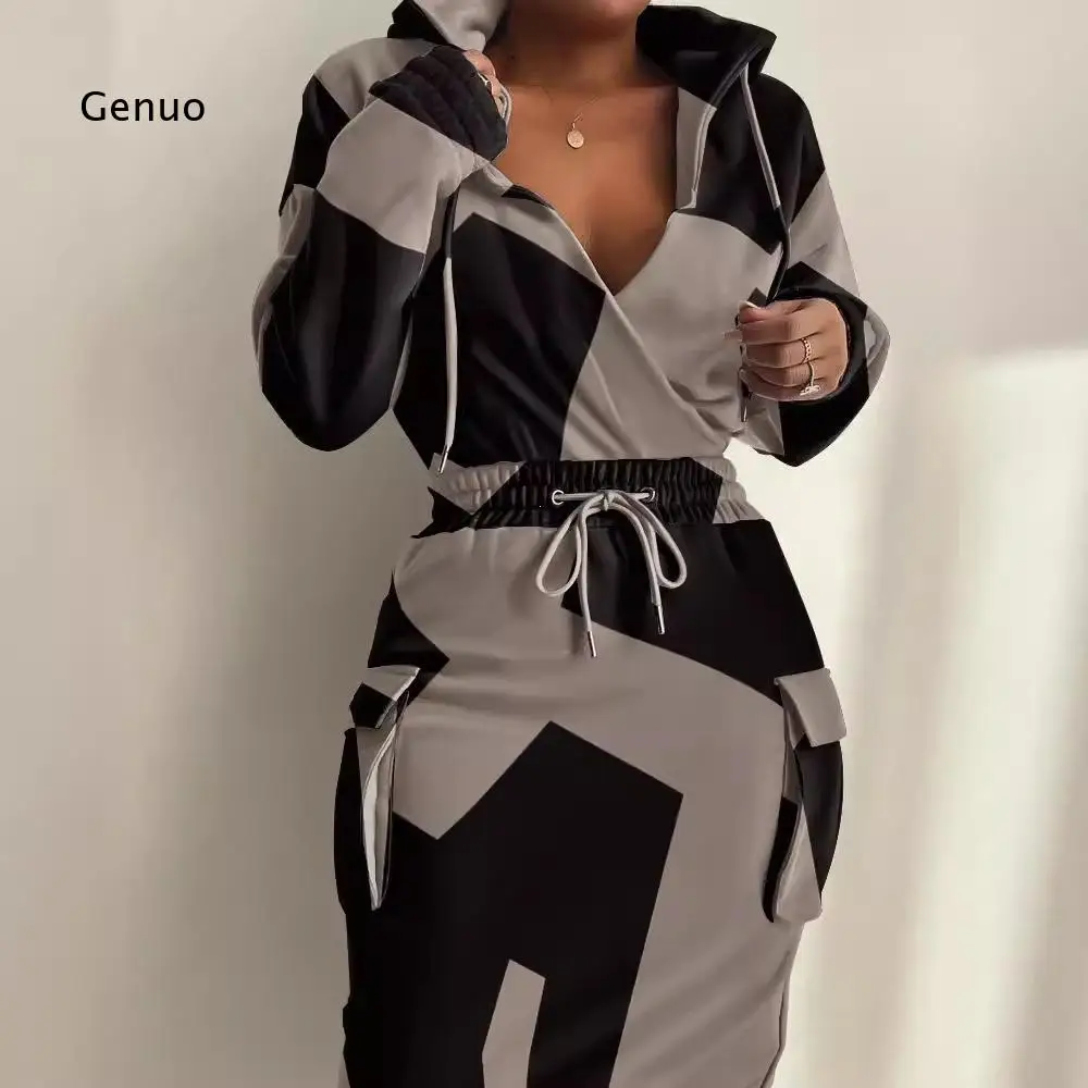 2026 Patchwork Print Hooded Denim Dress Drawstring Waist Pocket Bodycon for Club Daily Street