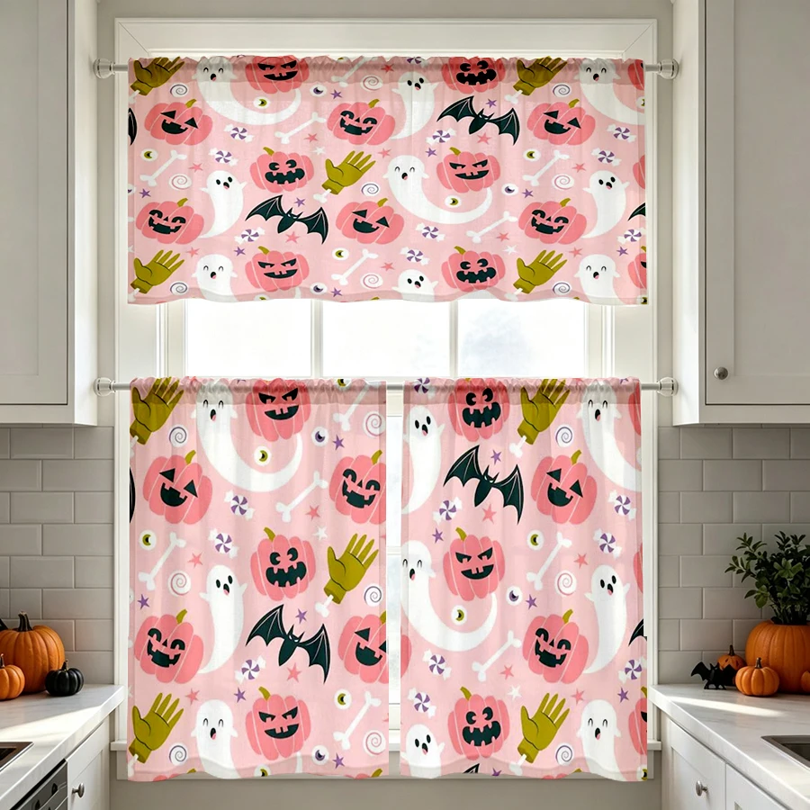 Halloween Fall Kitchen Curtains, Pink Pumpkin Ghost Bat, Digital Print, Kitchen Dining Room, Rod Pocket Polyester, Home Decor
