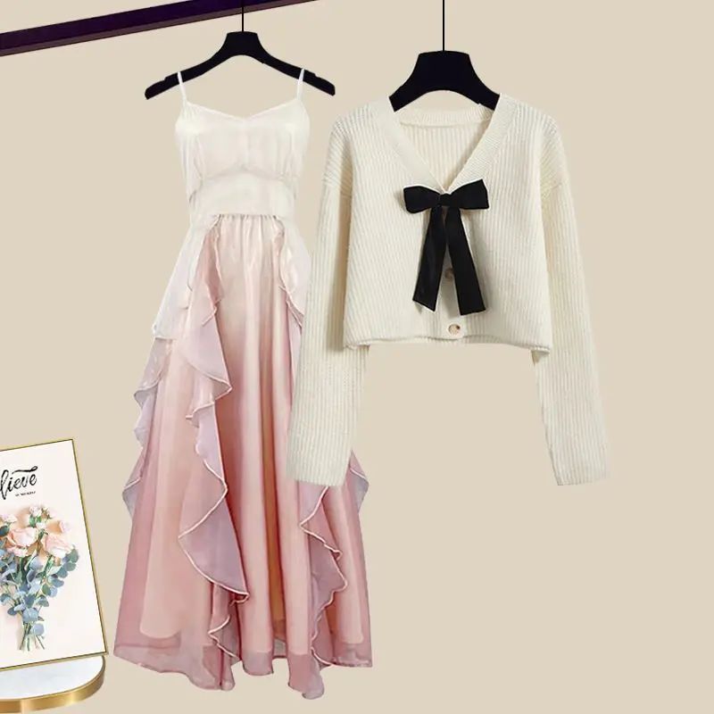 Spring and Autumn Fashion Set Women's 2023 New Korean Style Sweater Casual Age Reducing Dress Elegant Women's Two Piece Set