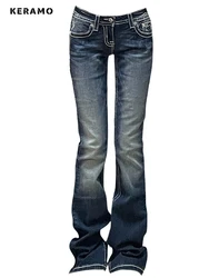 Women Gyaru Japanese Harajuku Trashy Y2K Jeans Low Rise Flare Denim Pants 2000s Bell-Bottom Long Trousers Kpop Vintage Slim Hot