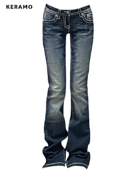 Kadın Gyaru japon Harajuku Trashy Y2K kot alçak parlama kot pantolon 2000s çan alt uzun pantolon bts Vintage ince sıcak