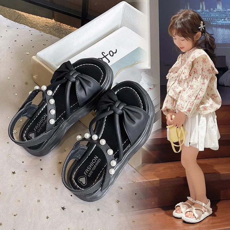 

26-37 2025 Bow Tie Children's Sandals for Girls Shoes for Kids Summer Soft Flat Heels Beach Princess Fashion Beaded Baby Shoes