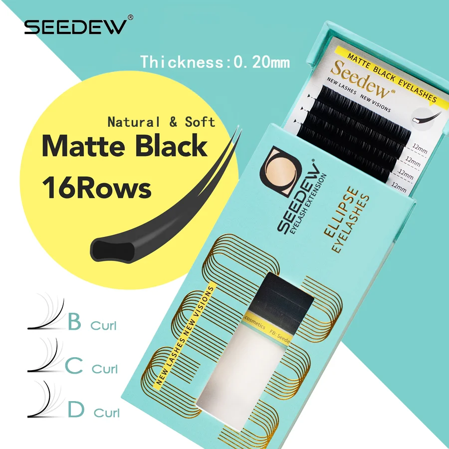 SEEDEW 0.20mm Matte Black Flat Ellipse Eyelash Extensions Individual Lashes Super Soft Falt Lashes