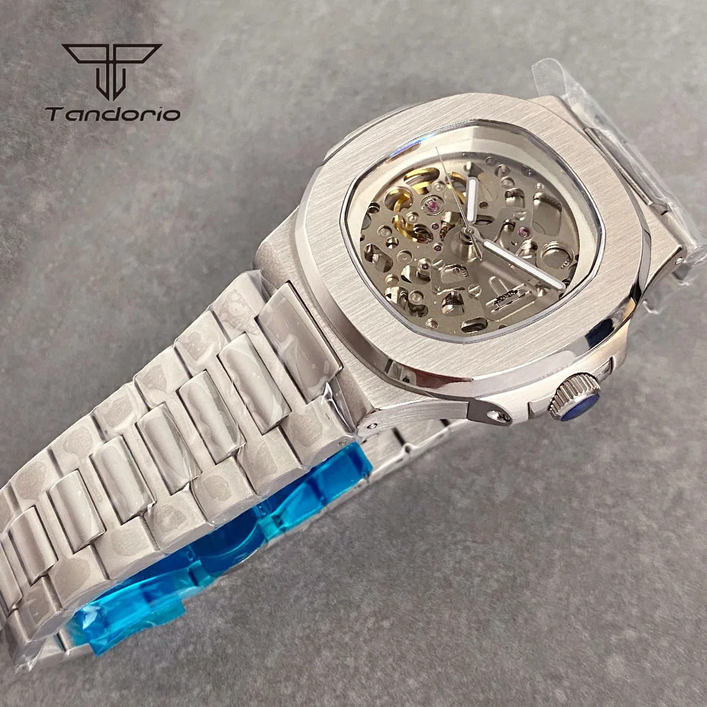 Tandorio NH70 Skeleton Dress 40mm Square Men\'s Stainless Steel Brushed Mechanical Watch Sapphire Hollow Automatic Wristwatch