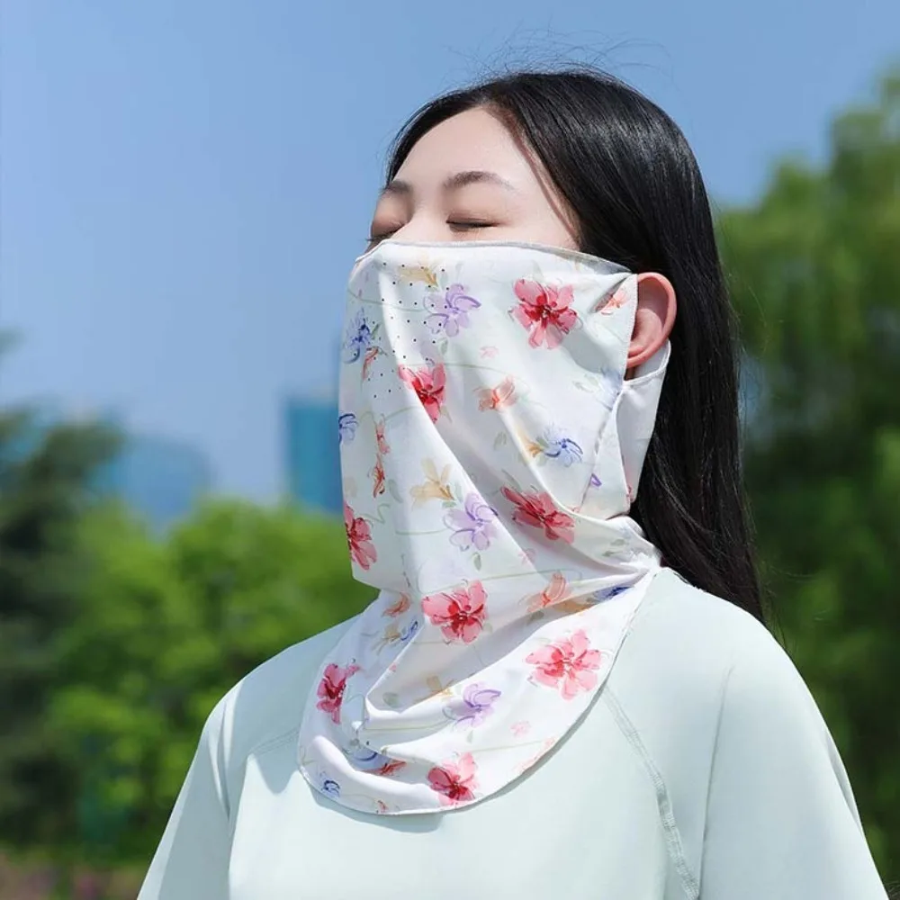 

3pcs Breathable Floral Ice Silk Mask Quick Drying Elastic Sunshade Arm Cover Drawstring UPF50+ Women Sunscreen Veil Hiking