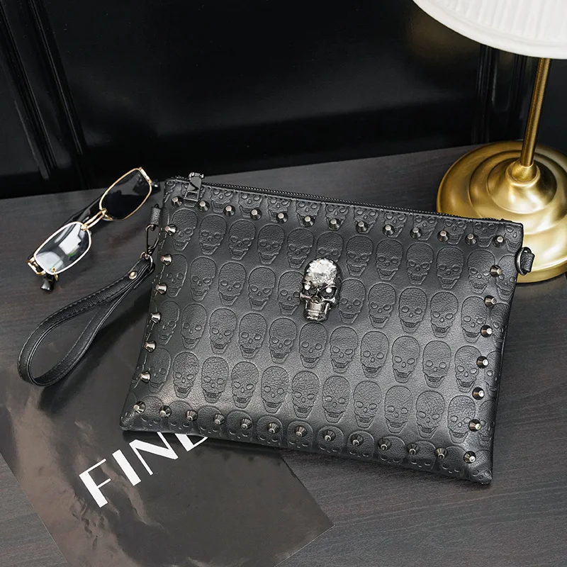 3D Skull Rivet Men\'s Clutches Fashion Clutch Bag Street Style Envelope Bag Skull Clutch Hand Bag Purse High Capacity Wallet Bag