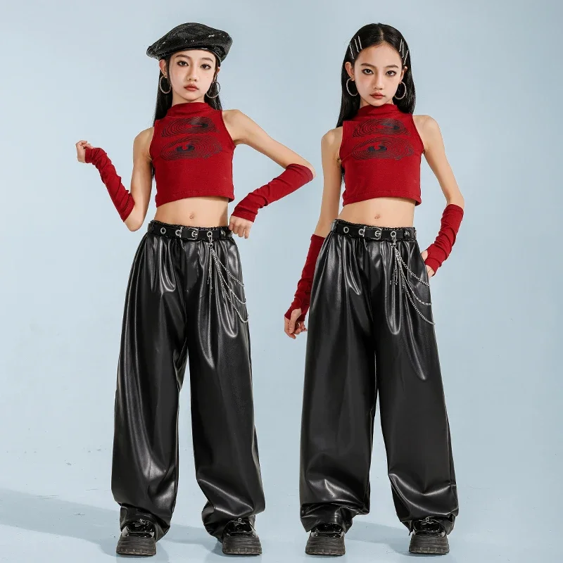 Meninas k-pop vermelho colheita topos camisa dança de rua calças de couro do plutônio crianças hip hop streetwear criança jazz topo menina grupo roupas conjunto