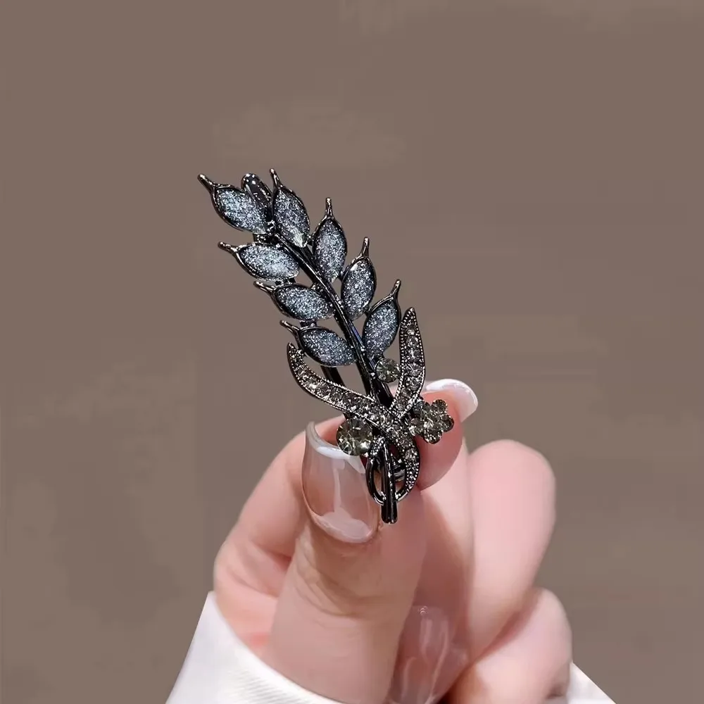 Dark Silver Wheat Ear Hair Pin Shiny Crystal Edge Barrette Fashion Retro Style Headwear for Ladies Gifts