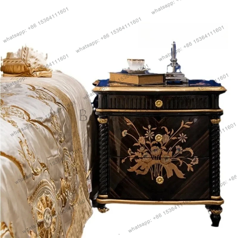 Bedside table Neoclassical villa solid wood carving flower black storage cabinet bedroom tracing gold and silver locker