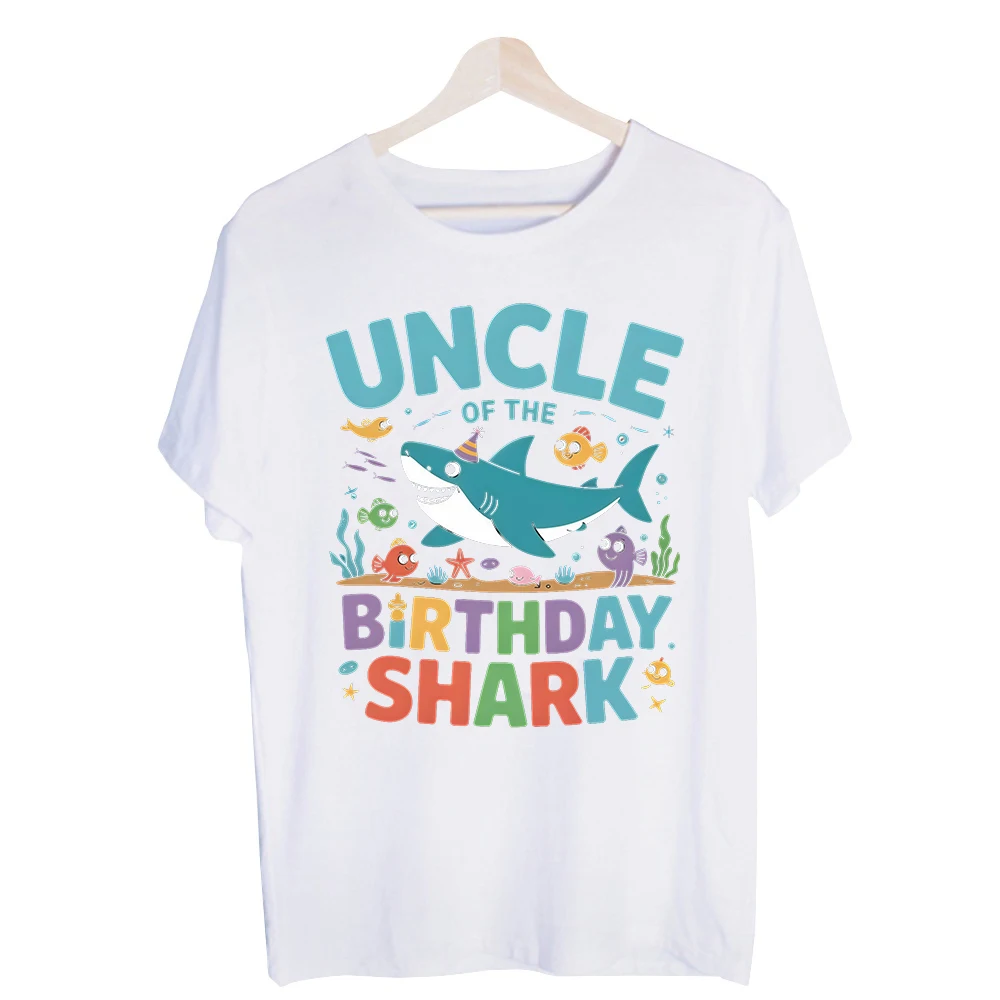 Uncle of the Birthday Shark Graphic Tee, Short Sleeve Crew Neck T-Shirt for Birthday Party and Casual Celebrations