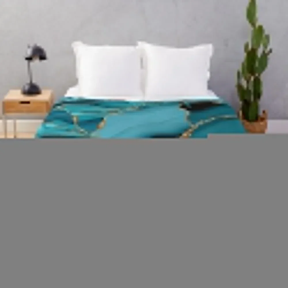 Teal And Gold Faux Marble Landscape Waves Throw Blanket Soft Warm Polar Comforter Picnic Blankets