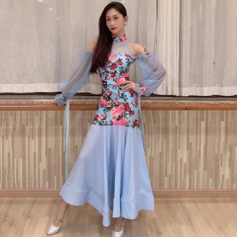 

Women Ballroom Dance Performance Dress Female Adult Large Skirt With Off-Shoulder Modern Dance Dress Competition Clothes DN12646