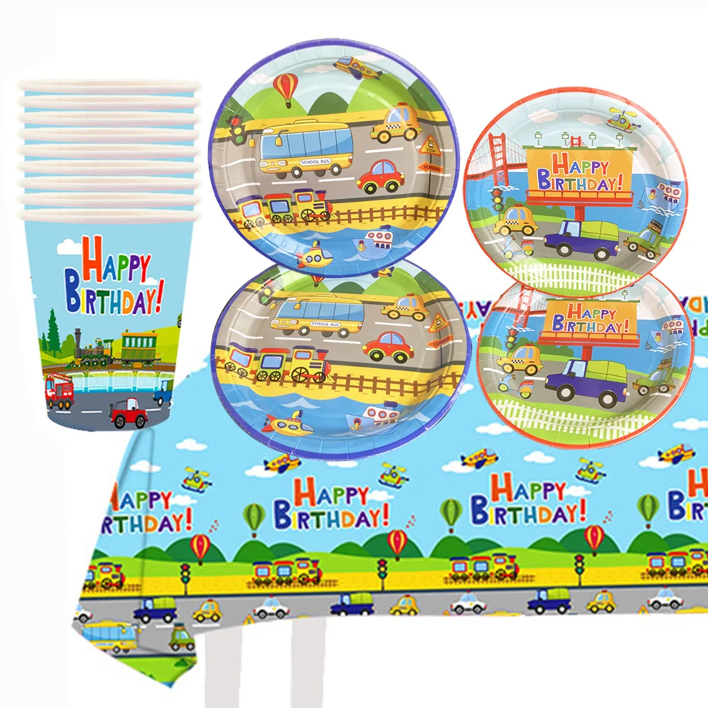 Transportation Birthday  Supplies Tableware Tablecloth Plates Napkins Cups Cupcake Toppers Bus Car Train Theme Party Supplies