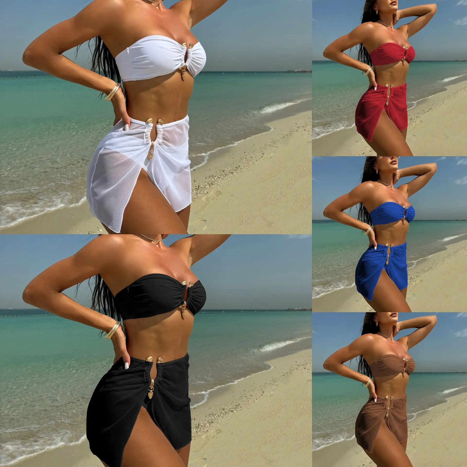 

Сексуальный однотонный новый топ-труба из трех частей сетчатый купальник бикини