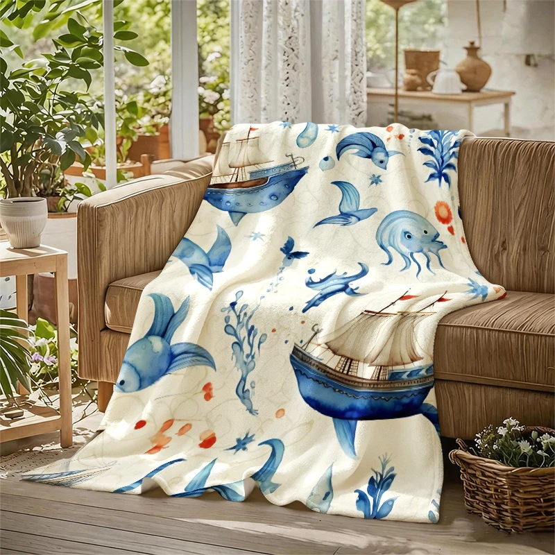Whale Sailboat WatercolorFlannel Blanket Warm Soft Halloween Christmas Couch Warm Cozy Decorative Decor Gift for All Season