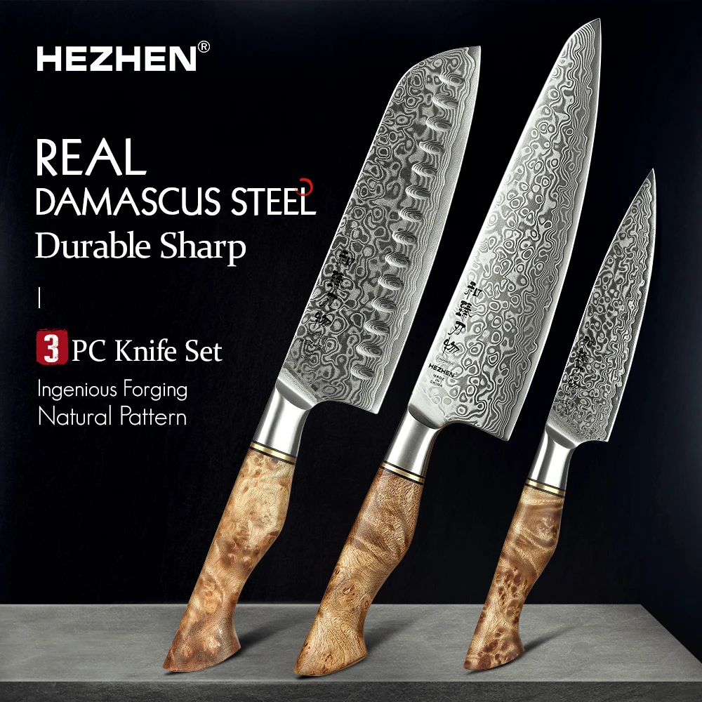 HEZHEN 1-3PC Zestaw noży Master Series 67 Warstwowy nóż szefa kuchni ze stali damasceńskiej Kuchnia Santoku Utility Ostre narzędzia Opakowanie prezentowe