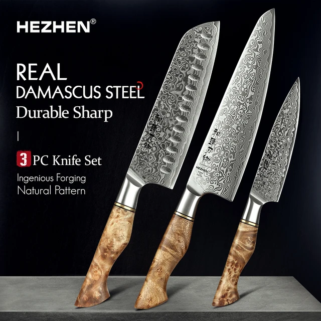 HEZHEN 1-3PC Zestaw noży Master Series 67 Warstwowy nóż szefa kuchni ze stali damasceńskiej Kuchnia Santoku Utility Ostre narzędzia Opakowanie prezentowe