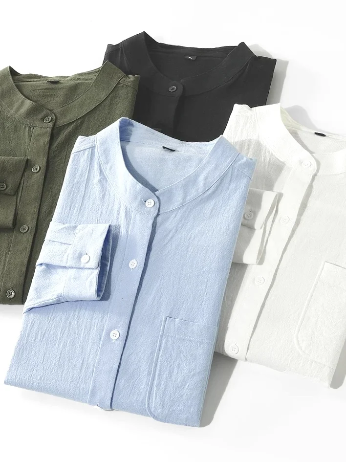 

Men's Cotton Linen irt Wrinkles Long Sve Standing Collar Casual Workwear Breathable irt European Sle Loose Fit