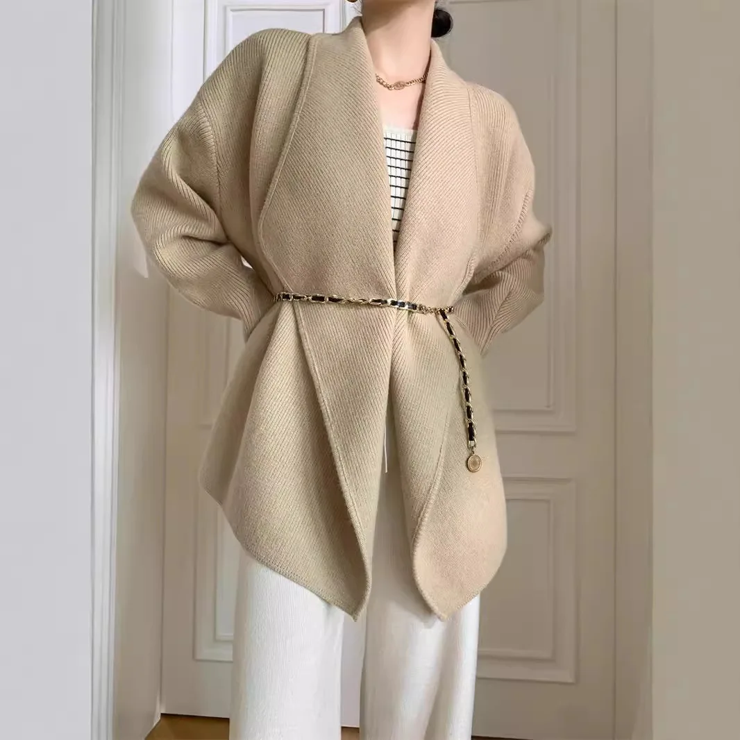 

Кардиган, женский свитер, пальто, вязаная куртка с отложным воротником, толстая открытая строчка, винтажная вязаная верхняя одежда, осенне-зимний трикотаж