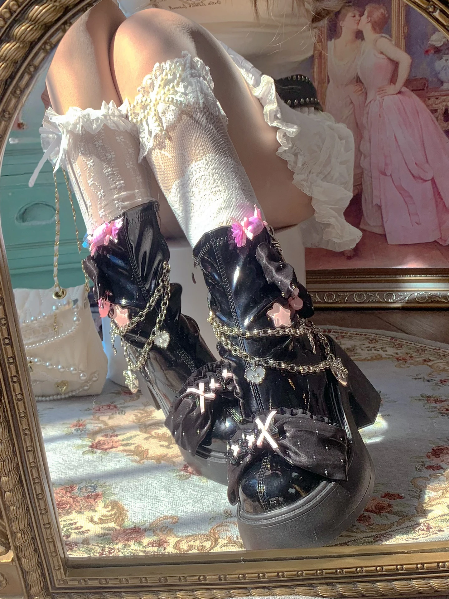 ピンキョーオリジナルボウラブチェーンブラックピンクショートブーツスイートスパイシートレンドクールカラーコントラストYk2厚底ハイヒールブーツ