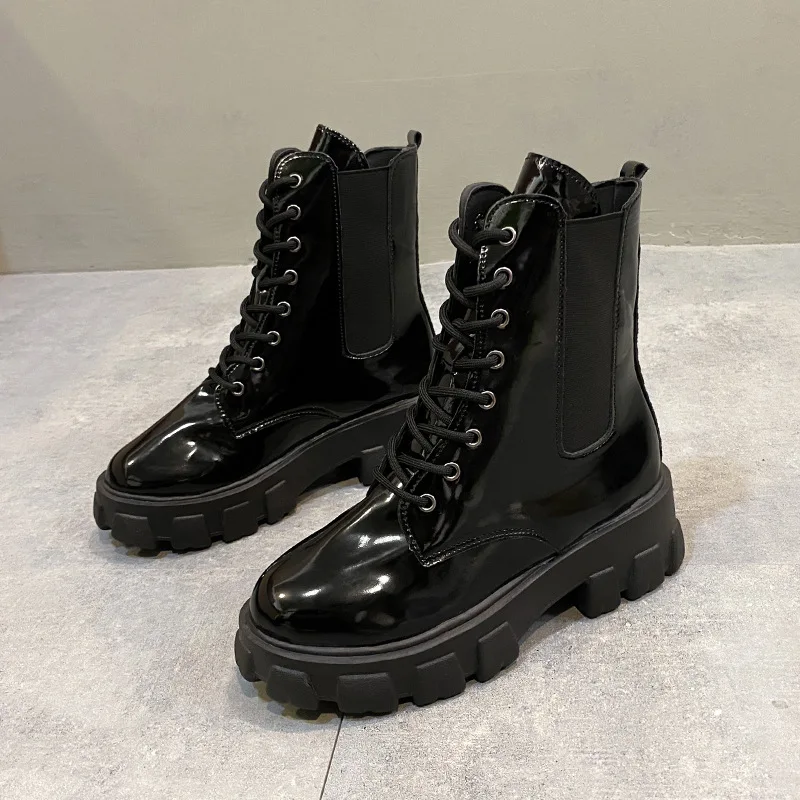 

New Designer PU Leather Boots for Women Big Size Black Platform Shoes Ladies Lace Fashion Casual Chunky Heel Ankle Boots Woman