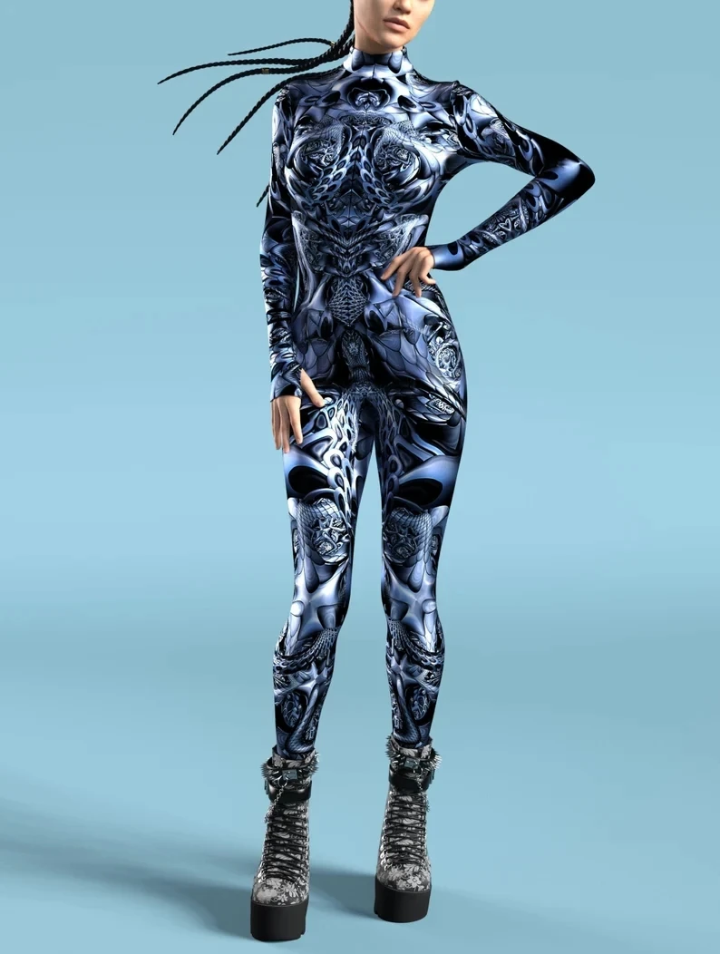 Mehrfarbiger Totenkopf-Print-Kostüm, Damen-Body mit Reißverschluss vorne, Halloween-Party, Karneval, Festival, Bühnenauftritt, Catsuit-Kostüm – Detail 12