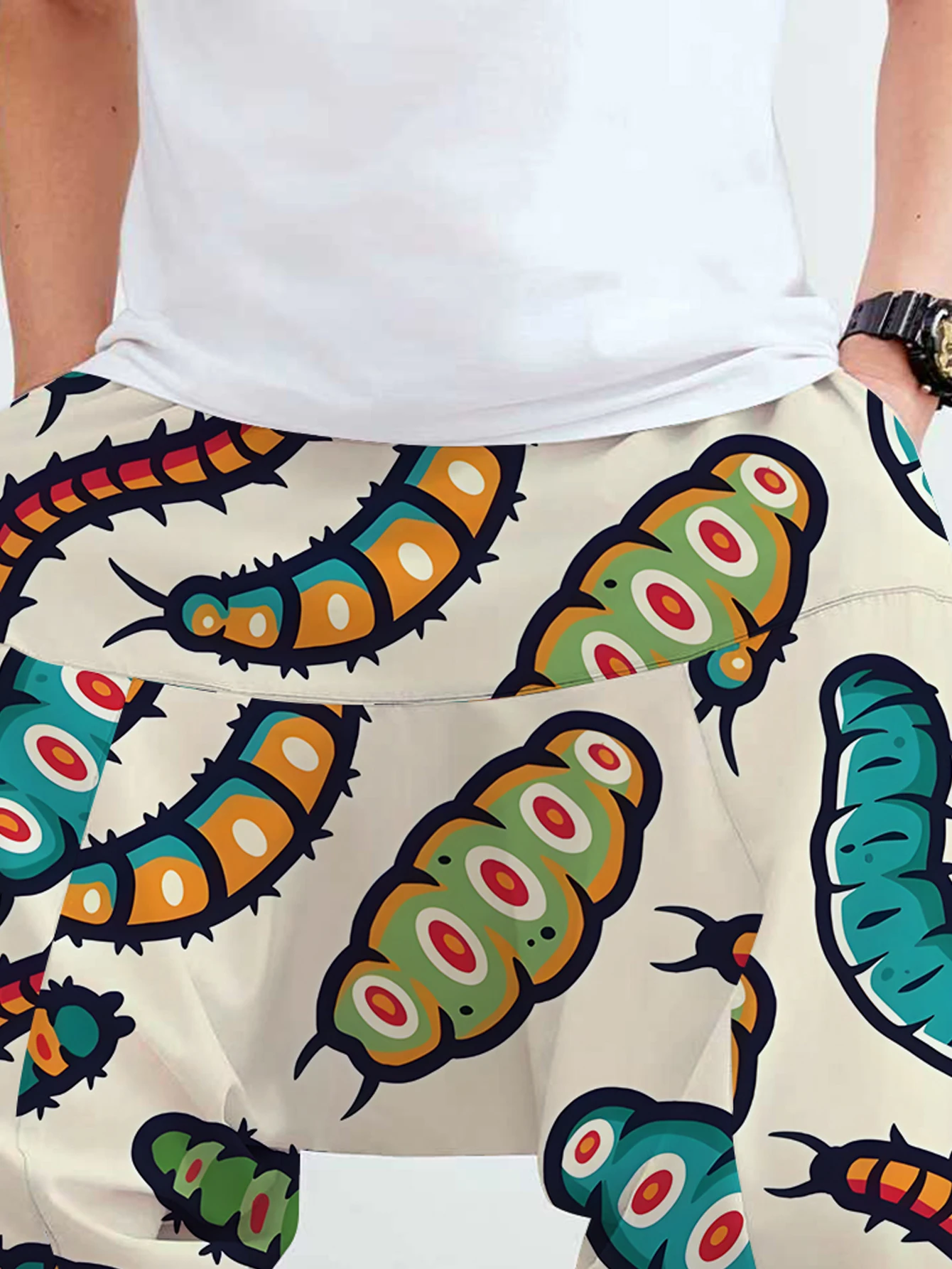Men's ankle-length pants, featuring a cute caterpillar print, with a unique and fashionable pattern design. view 4