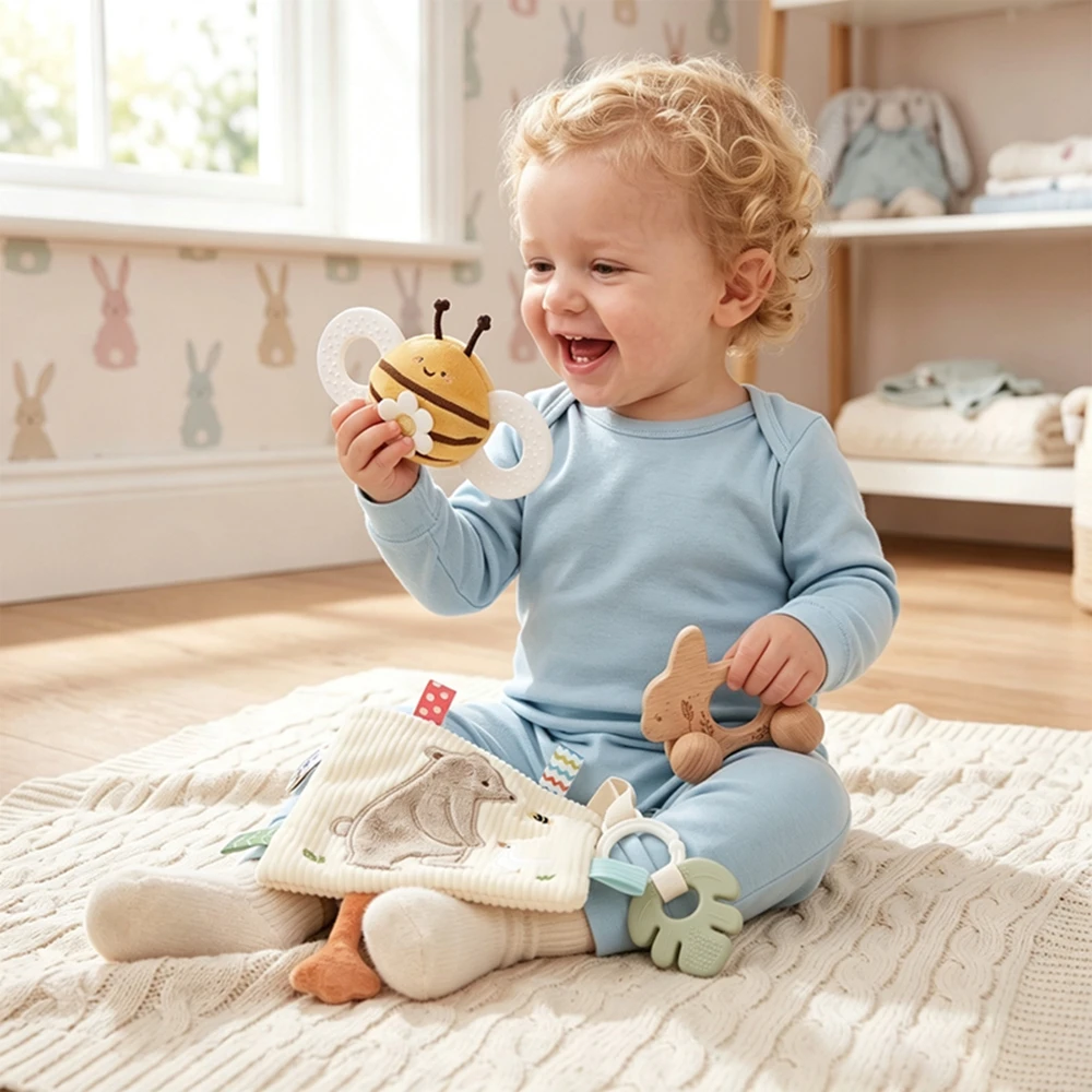Bear Security Blanket Bee Rattle Wooden Bunny Push Toy 3 Piece Set Sensory Exploration Fine Motor Skills Newborn Gift Box Set