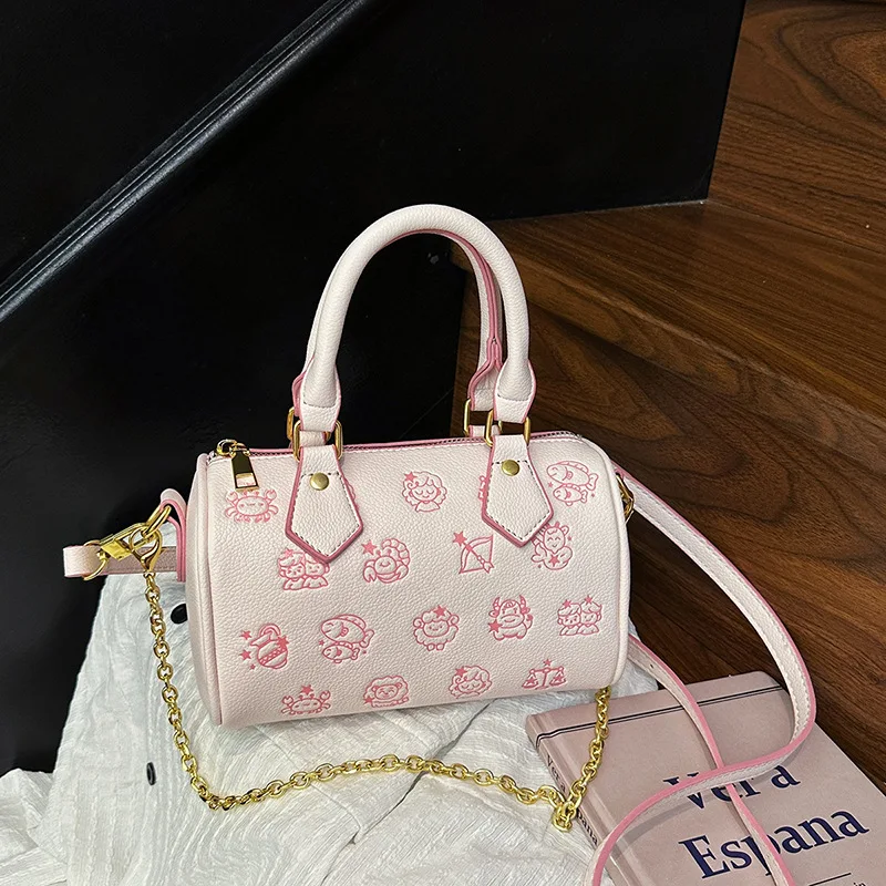 

Zodiac Embossed Boston Bag for Women, Mini Cylinder Crossbody Bag with Gold Chain, Cute Small Handbag (Pink & Black)
