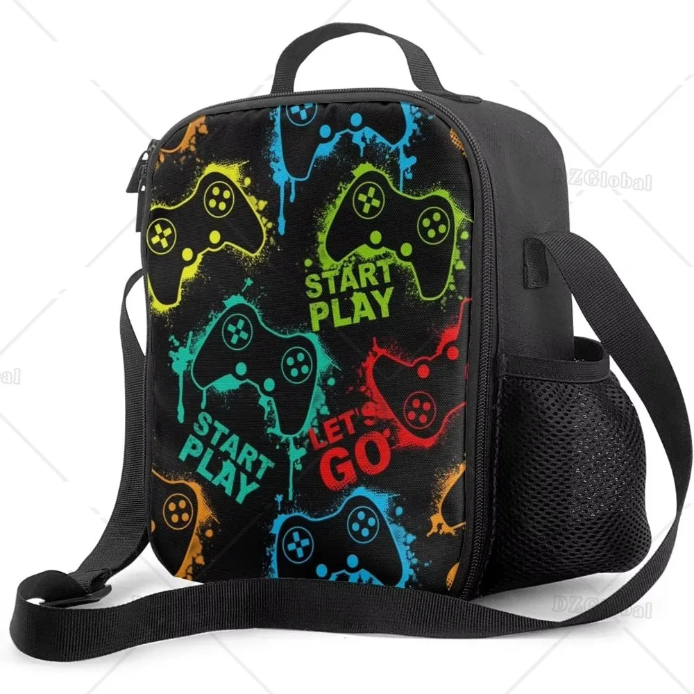 Video Game Controller Black Background Insulated Lunch Bag Reusable Thermal Tote Bag Lunch Box Food Container for Men Women Kids