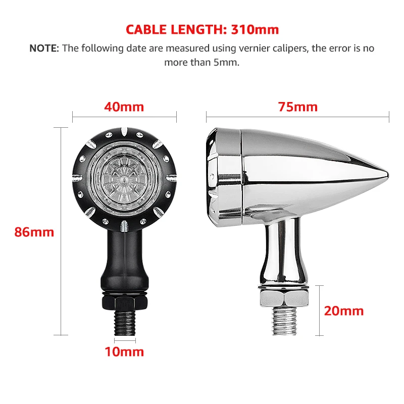 Luz LED de intermitente tipo bala para motocicleta, lámpara de freno para correr, lámpara de freno intermitente LED cromada negra, luz de señal de