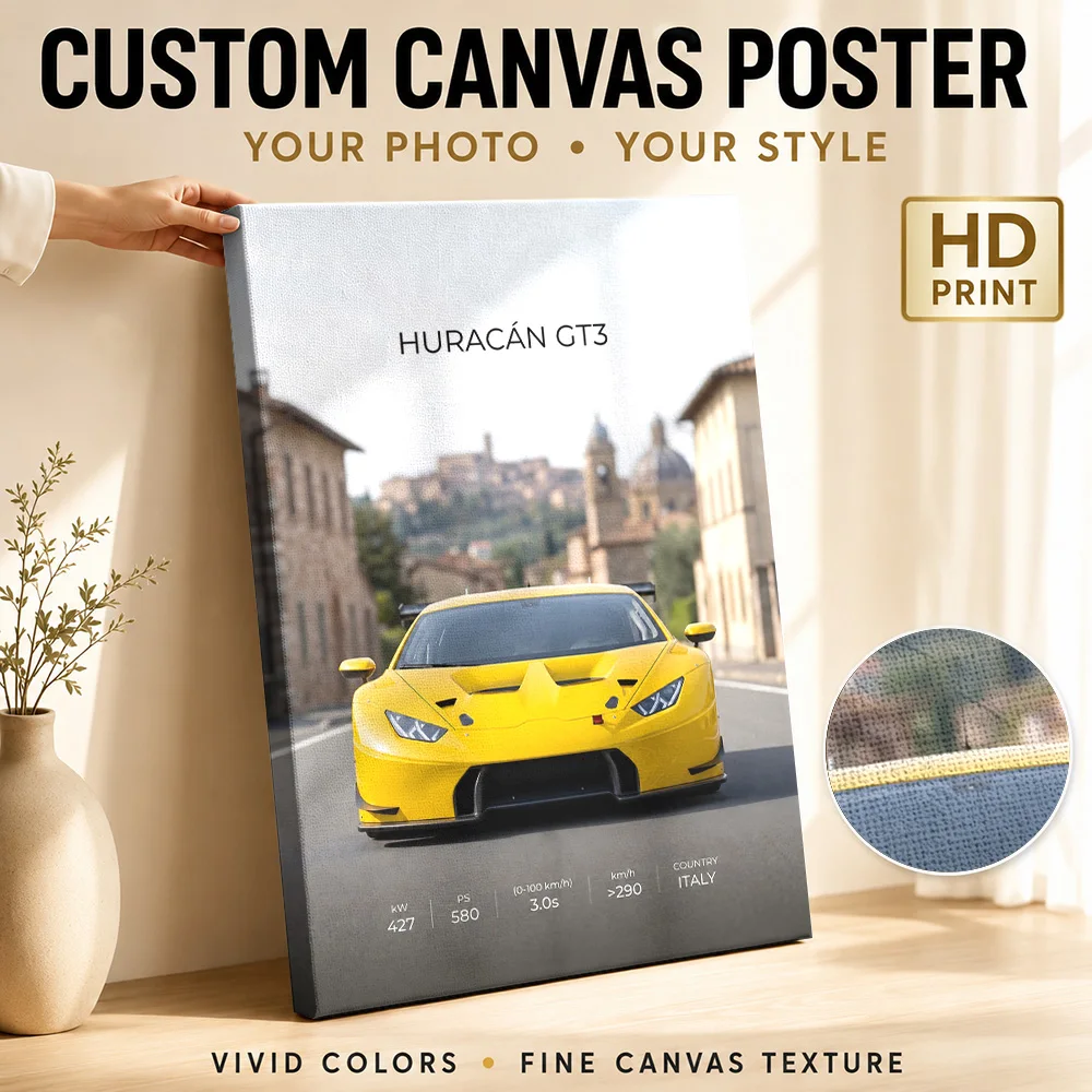 Italian Huracan GT3 Car Framed Canvas Print Customized Photo Detailed Roadside Illustration Wall Art For Racing Simulator Room