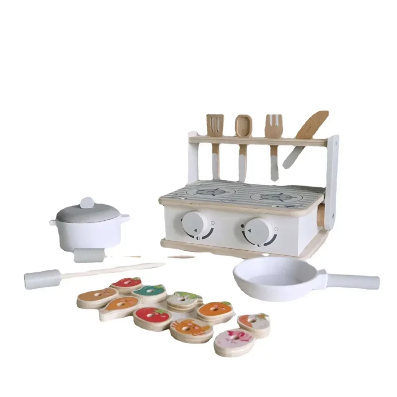 Juego de juguetes de cocina de madera de alta calidad, 26cm, olla, sartén, rebanada, cuchara, tenedor, parrilla de barbacoa, brochetas, rompecabezas, juguetes interactivos, regalo de cumpleaños para bebé