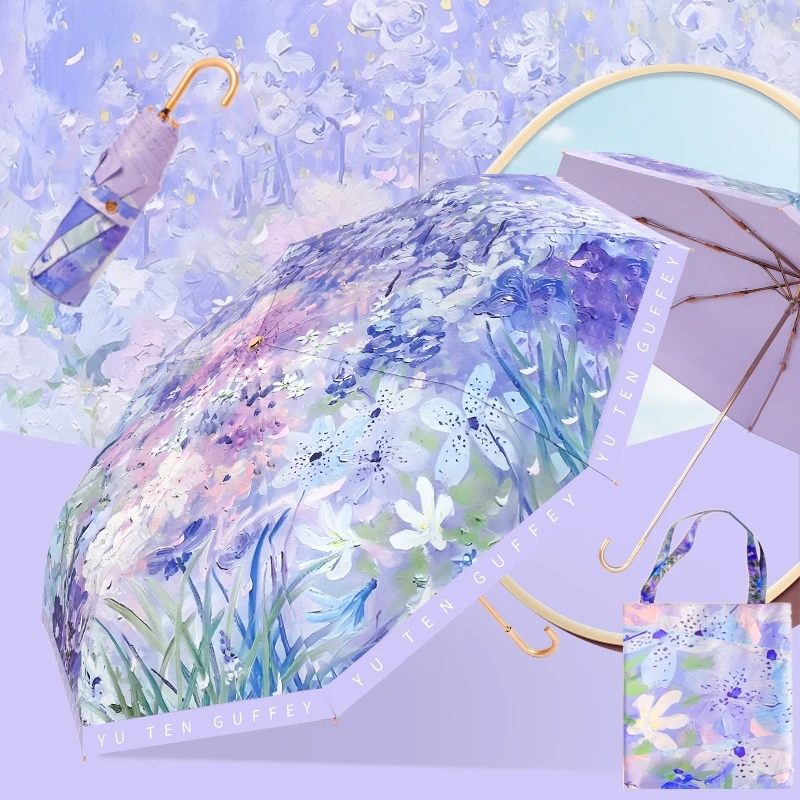 Paraguas elegante con pintura al óleo Floral UPF50 + para sol, lluvia, mango curvo, gancho dorado, paraguas plegables, sombrilla con protección UV