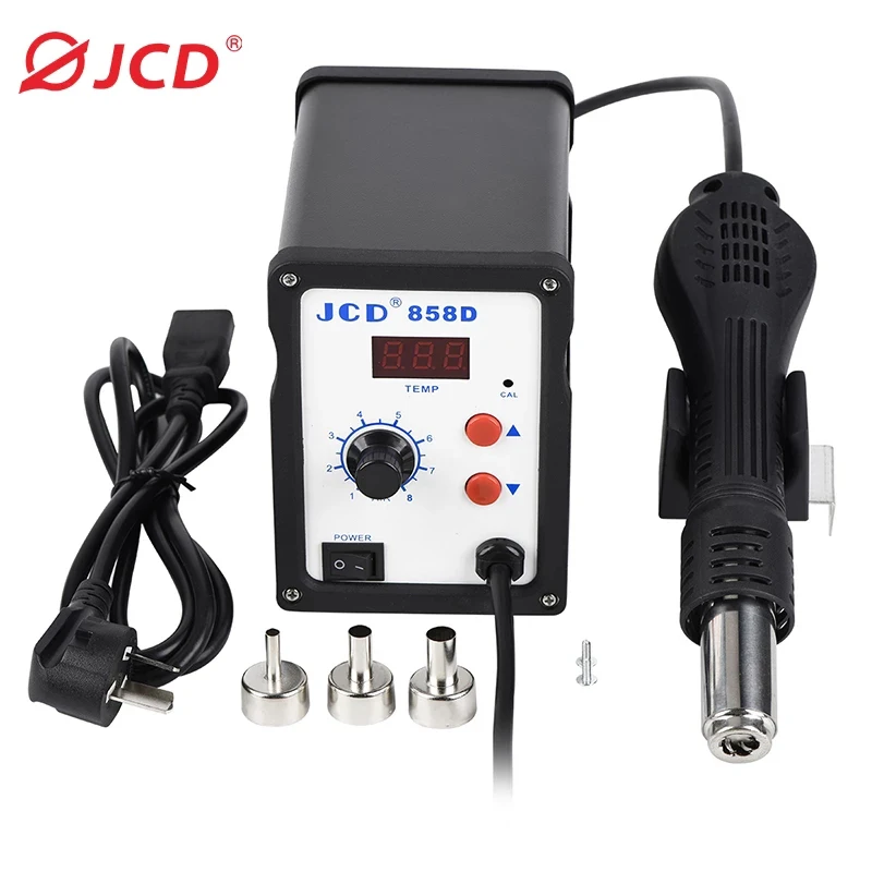 JCD Pistolet na gorące powietrze 858D Stacja lutownicza 2 w 1 700W 110V 220V BGA Rework SMD SMT Narzędzia do naprawy spawania Opalarka LCD Cyfrowy lutownica