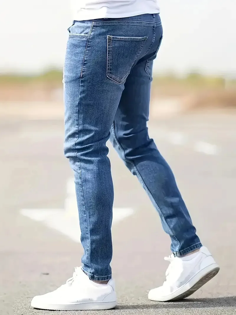 Distressed Men Jeans Denim Holes Skinny Vintage Wash Solid Pencil Pants 2024 Ankle Length Sheath Punk Style Pockets Slim