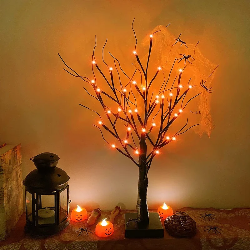 

Halloween Decorations Gift Battery Operate 24 LED Lighted Halloween Tree Purple Led Black Glitter Lamp Desk Flower Lamp