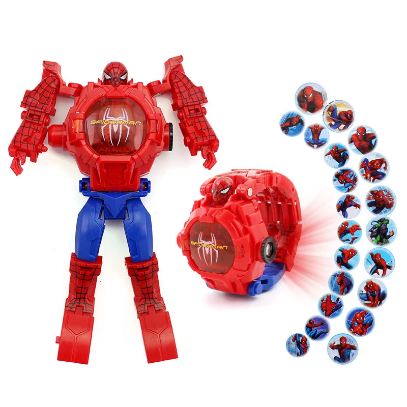 Disney Marvel Deformation Robot Projection Electronic Watch Spider Man Iron Man Captain America Anime Kids Toys Gifts