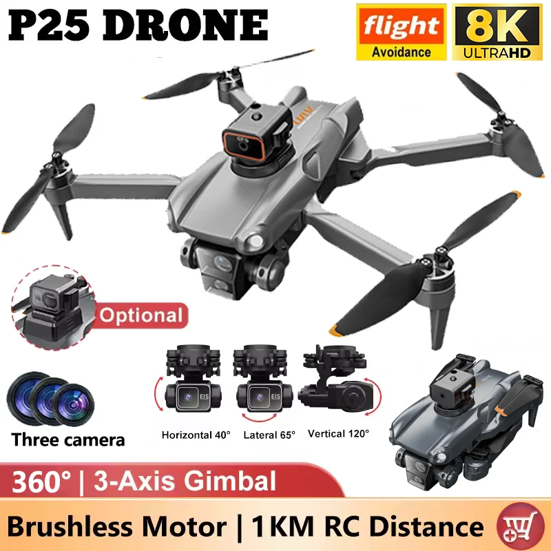 P25 FPV Drone 8K HD ESC Three Camera 360° Laser Obstacle Avoidance Foldable  Brushless Power GPS Return RC Quadcopter Drons Toys