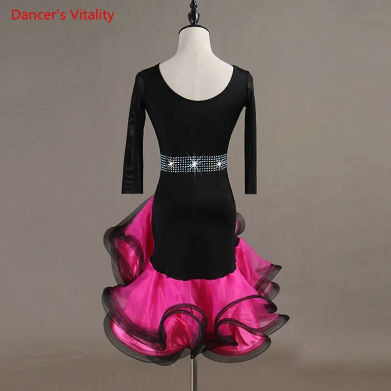 Nuevo vestido de baile latino/mujer/niñas hecho a medida profesional falda de Rumba trajes de salón vestido de baile de manga larga con diamantes de