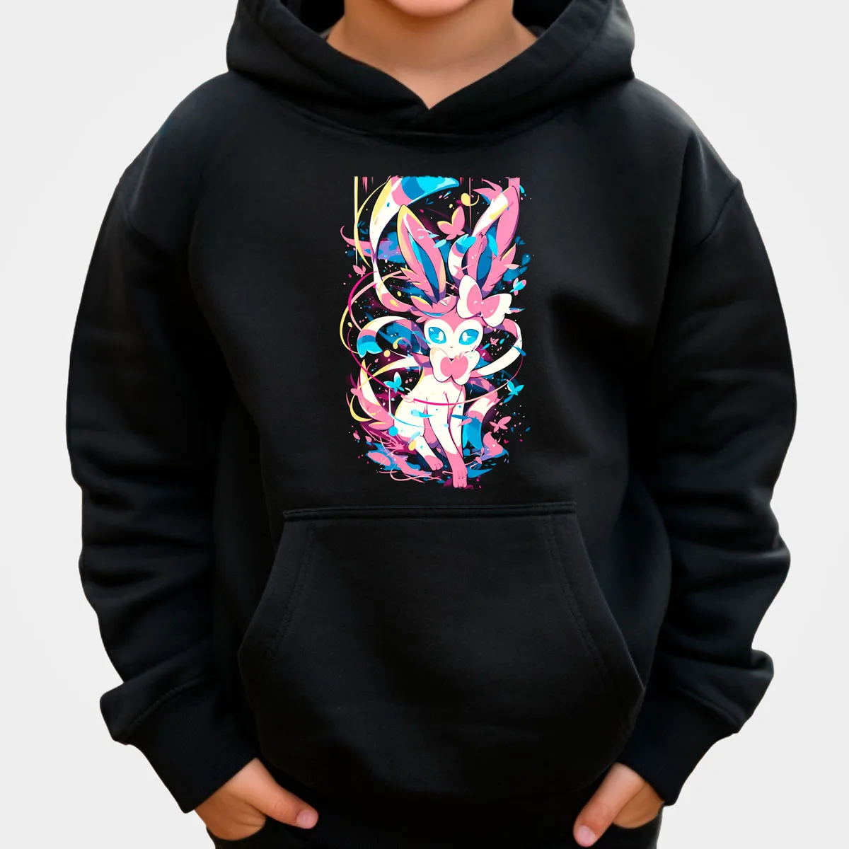 Pokemon Anime Sylveon Cotton Hoodie Black with Pink Blue Yellow Colorful Splash Pattern Loose Fit Casual Style​